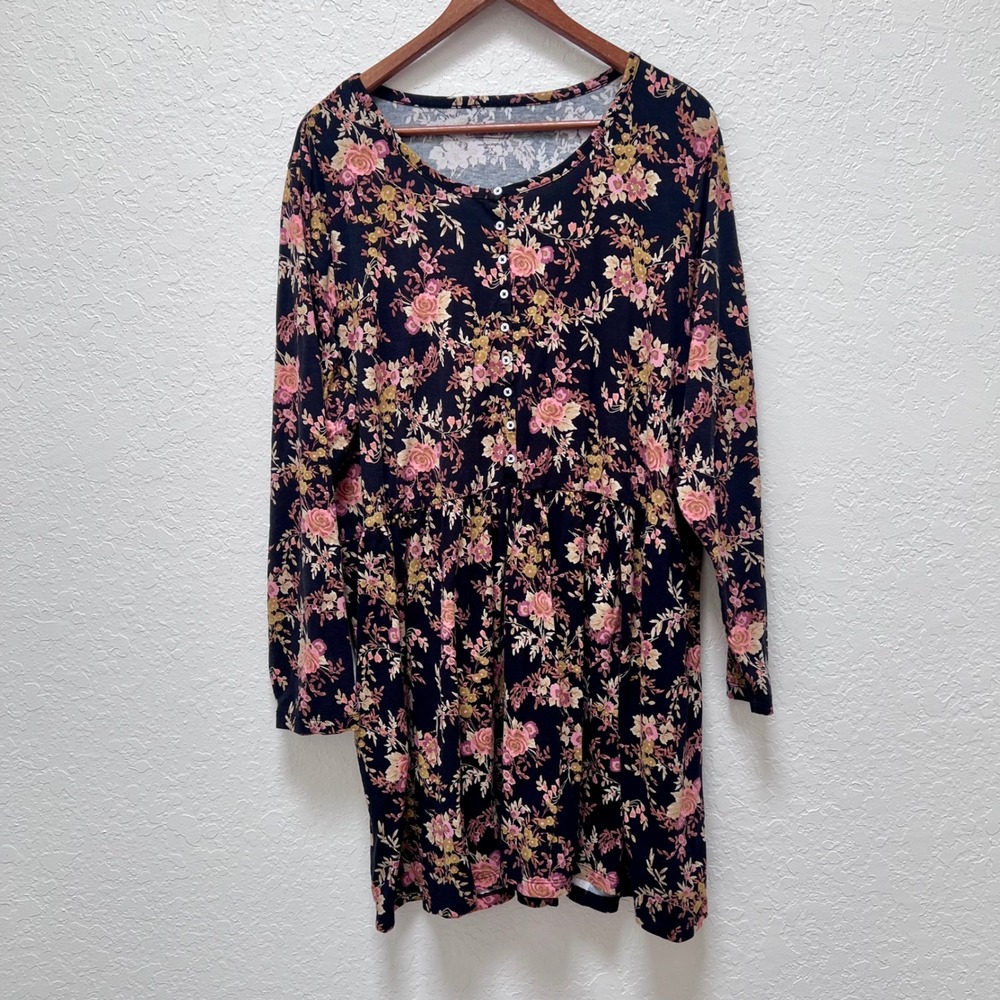 Coldwater Creek Women 2X Floral Babydoll Dress Buttons Black Pink Cotton Modal